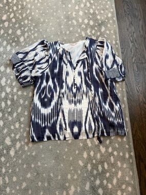 Navy & White Ikat Puff-Sleeve Women’s Top - Rebecca Taylor - size 4
